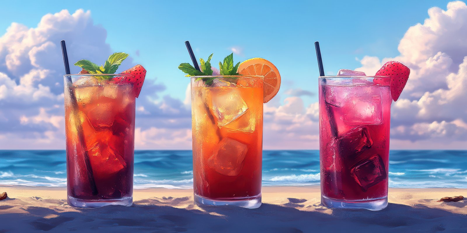 Refreshing summer cocktails by the beach on a sunny day with blue skies